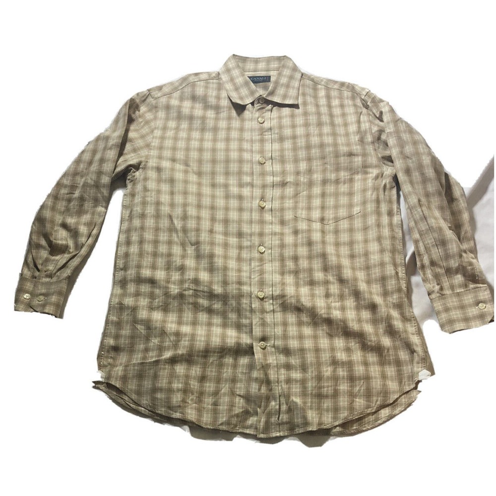 CANALI Sportswear Shirt Men Size Small White Plaid Check Button Front‎
